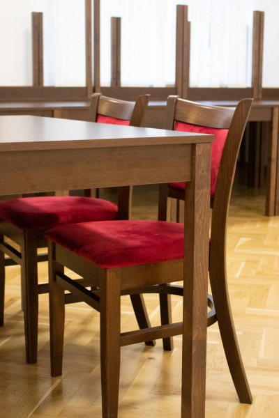   Vybavení kulturního domu tmavě hnědé bukové židle s čalouněním a dřevěnými stoly | Ressed